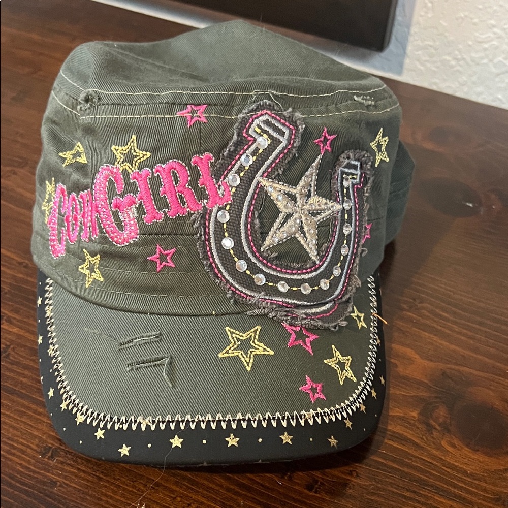 Stylish Cowgirl Hat with Star Embroidery - Green and Pink